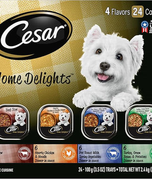 Cesar Home Delights Adult Wet Dog Food, Pot Roast with Spring Vegetables, Beef Stew, Turkey, Green Beans, & Potatoes, and Hearty Chicken & Noodle Variety Pack, 3.5 oz. (24 Count, Pack of 1)