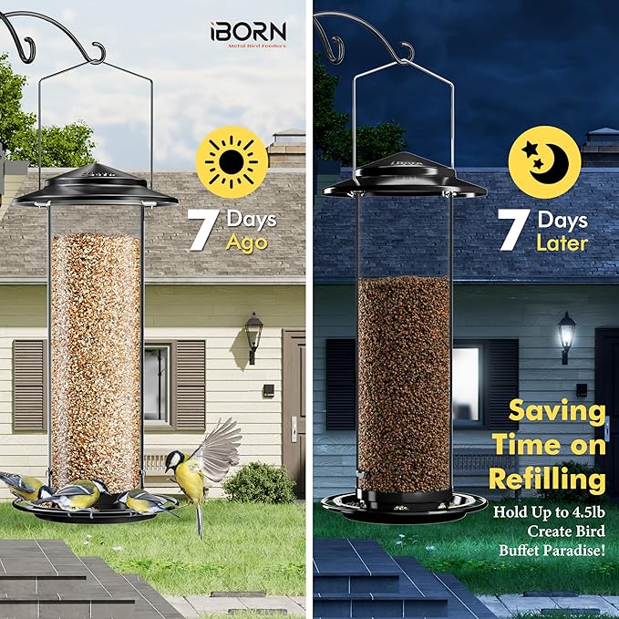 iBorn Metal Bird Feeder for Outside Hanging,Wild Bird Feeders for Cardinal,18cm Large Roof&Green,42CM Long,4.5lb High-Capacity(Seed is not Included)