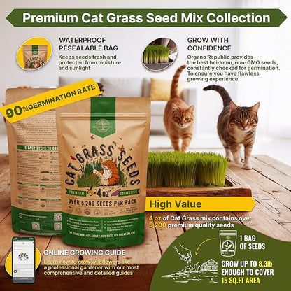 Cat Grass Seeds Mix - 5,200 Non-GMO Heirloom Seeds for Cats & Pets, 4 oz Pack for Growing Fresh Barley, Oat, Rye & Wheat Grass Seeds for Planting, Indoor Plants for Pets, Hairball Remedy for Cats