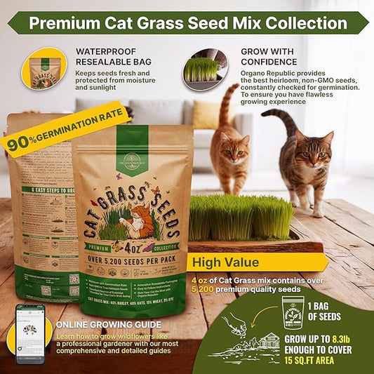 Cat Grass Seeds Mix - 5,200 Non-GMO Heirloom Seeds for Cats & Pets, 4 oz Pack for Growing Fresh Barley, Oat, Rye & Wheat Grass Seeds for Planting, Indoor Plants for Pets, Hairball Remedy for Cats