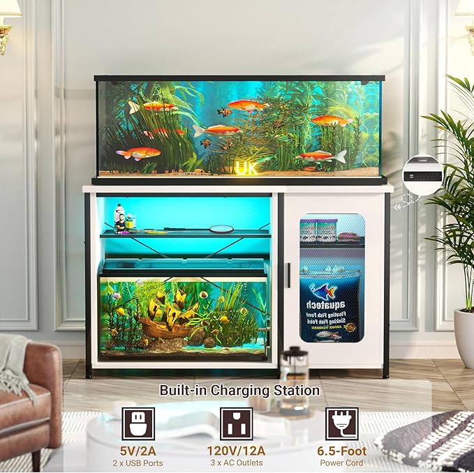 Unikito 55-75 Gallon Aquarium Stand with Power Outlets & LED Light, Reversible Fish Tank Stand with Cabinet for Fish Tank Accessories Storage, Heavy Duty Metal Frame, 880LBS Capacity, White