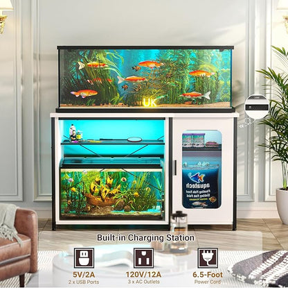 Unikito 55-75 Gallon Aquarium Stand with Power Outlets & LED Light, Reversible Fish Tank Stand with Cabinet for Fish Tank Accessories Storage, Heavy Duty Metal Frame, 880LBS Capacity, White