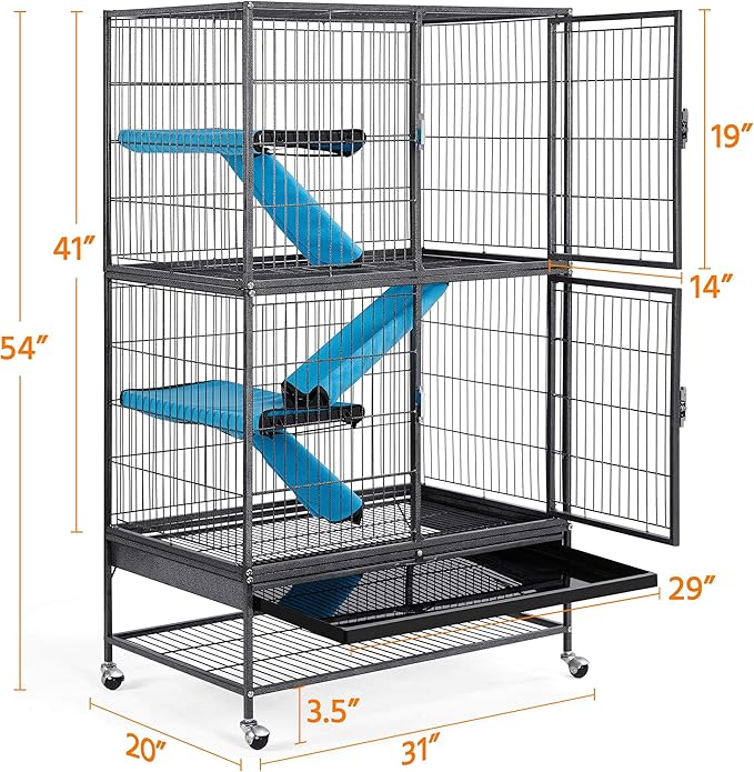 Yaheetech 54'' Rolling Ferret Cage Large 4-Tiers Chinchilla Cage Small Animal Cage for Adult Rats/Guinea Pigs/Chinchilla/Sugar Glider w/ 2 Removable Ramps/Hammock, Black