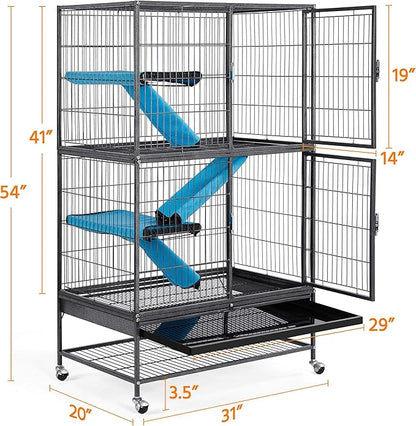 Yaheetech 54'' Rolling Ferret Cage Large 4-Tiers Chinchilla Cage Small Animal Cage for Adult Rats/Guinea Pigs/Chinchilla/Sugar Glider w/ 2 Removable Ramps/Hammock, Black