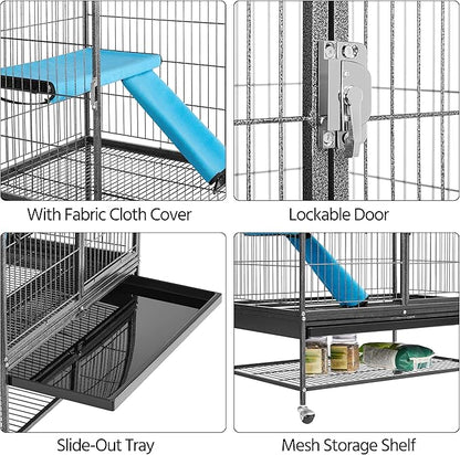 Yaheetech 54'' Rolling Ferret Cage Large 4-Tiers Chinchilla Cage Small Animal Cage for Adult Rats/Guinea Pigs/Chinchilla/Sugar Glider w/ 2 Removable Ramps/Hammock, Black