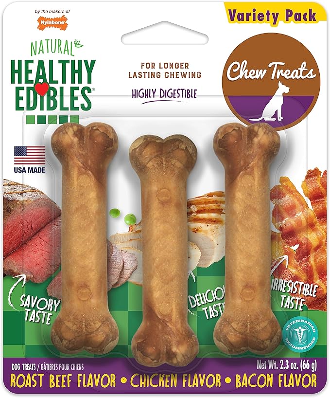 Nylabone Healthy Edibles Natural Dog Chews Long Lasting Chew Treats for Dogs, Roast Beef & Chicken Flavor, X-Small/Petite (3 Count)