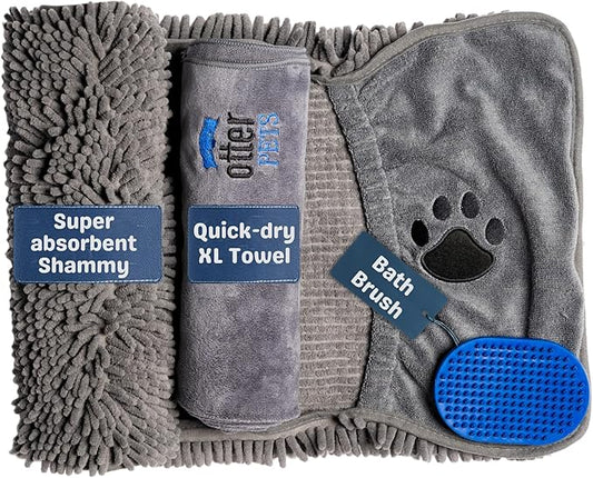 3 Piece Set: 2 Dog Towels and Dog Bath Brush. Dog Shammy and Microfiber Dog Towel. Super Absorbent Towels, Dog Bath Supplies, Dog Scrubber for Bath