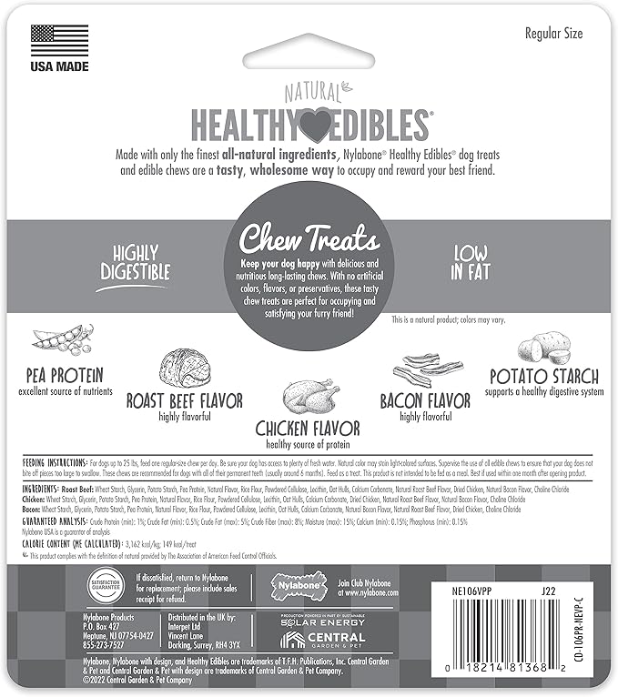 Nylabone Healthy Edibles Natural Dog Chews Long Lasting Roast Beef, Chicken & Bacon Flavor Treats for Dogs, Small/Regular (3 Count)