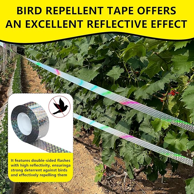 Bird Scare Reflective Tape, 262 Feet per Roll, Double-Sided Reflective, for Repelling Sparrows and Woodpeckers, Suitable for Outdoor Use in Homes, Gardens, Farms, Orchards,Outdoor