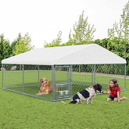 LotFun Large Outdoor Dog Kennel, 10 x 10 FT Heavy Duty Dog Enclosure with Rotated Dog Bowls, UV-Resistant Canopy Cover, Double Lock Security (10 x 10 x 5 in)