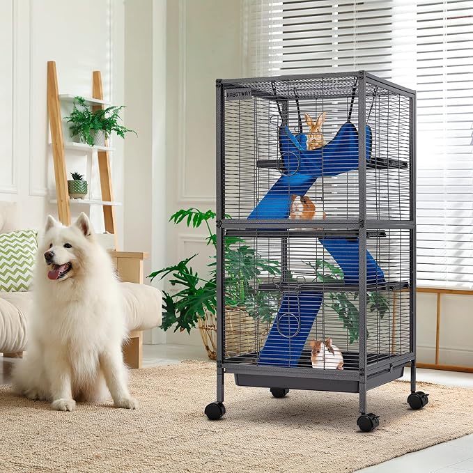 HABUTWAY 45''H Metal Small Animal Cages, Rolling Chinchilla Cage with Removable Ramps, Lagre Critter Nation Cage for Chinchillas/Guinea Pigs/Rabbit, Ferret Cages with Hammock & 4 Tiers, Black