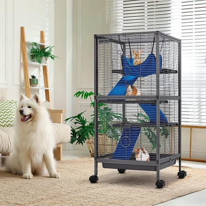 HABUTWAY 45''H Metal Small Animal Cages, Rolling Chinchilla Cage with Removable Ramps, Lagre Critter Nation Cage for Chinchillas/Guinea Pigs/Rabbit, Ferret Cages with Hammock & 4 Tiers, Black