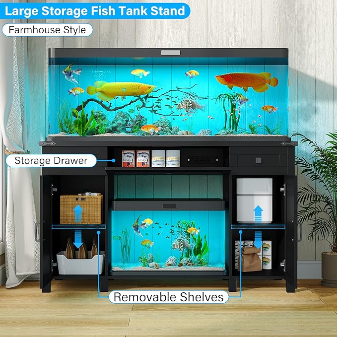 Farmhouse 55-75 Gallon Fish Tank Stand with Power Outlet, Aquarium Stand with 2 Drawers and Adjustable Shelves, Heavy Duty Reptile Tank Stand for 2 Fish Tank/Turtle Tank/Reptile Terrarium