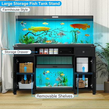 Farmhouse 55-75 Gallon Fish Tank Stand with Power Outlet, Aquarium Stand with 2 Drawers and Adjustable Shelves, Heavy Duty Reptile Tank Stand for 2 Fish Tank/Turtle Tank/Reptile Terrarium