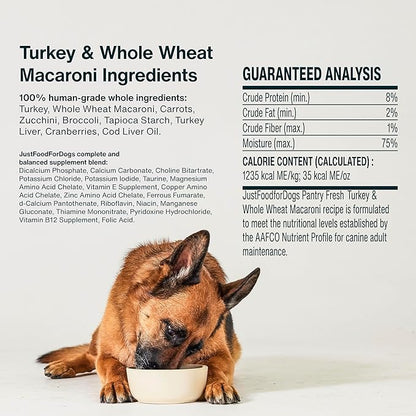JustFoodForDogs Pantry Fresh Wet Dog Food Complete Meal or Dog Food Topper, Turkey & Whole Wheat Macaroni Human Grade Dog Food Recipe - 12.5 oz (Pack of 12)