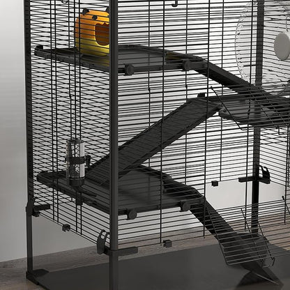 PawHut Large Hamster Cage with Deep Tempered Glass Bottom, 4 Tiers Hamster Tank with Running Wheel, Hut, Water Bottle, Dish, Rat Cage for Syrian, Dwarf, Gerbils, Mouse, 31" x 19" x 31.5", Black