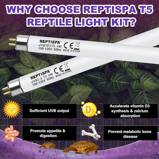 5.0 UVB Light for Reptiles, T5 HO 8 Watt Reptile Lamp Tube, Pack of 2 Fluorescent UVB Bulb, Basking Light for Bearded Dragon, Simulate Natural Sunlight for Reptiles and Amphibians