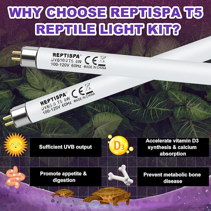 10.0 UVB Light for Reptiles, T5 HO 8 Watt Reptile Lamp Tube, Pack of 2 Fluorescent UVB Bulb, Basking Light for Bearded Dragon, Simulate Natural Sunlight for Reptiles and Amphibians