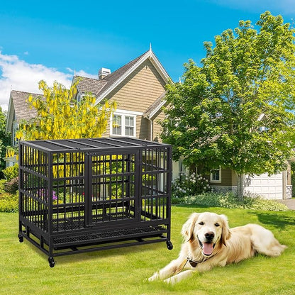 JY QAQA 48/38 Inch Heavy Duty Indestructible Dog Crate Double Doors Escape Proof Cage Kennel,Enhanced Metal Pet Cage,Extra Large Crate Indoor for Large Dog with Removable Tray and Lockable Wheels