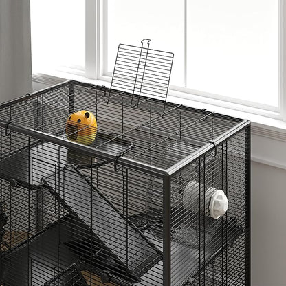PawHut Large Hamster Cage with Deep Tempered Glass Bottom, 4 Tiers Hamster Tank with Running Wheel, Hut, Water Bottle, Dish, Rat Cage for Syrian, Dwarf, Gerbils, Mouse, 31" x 19" x 31.5", Black