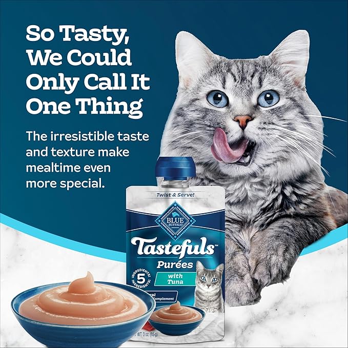 Blue Buffalo Tastefuls Purées with Tuna, Natural Cat Food Complement, Resealable Twist Cap Pouches, 3-oz (12 Count)