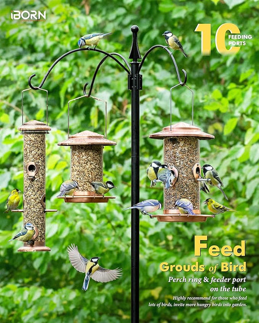 iBorn Metal Bird Feeder for Outside Hanging,Wild Bird Feeders for Cardinal,18cm Large Roof&Tray Brushed Copper 10 Port(Seed is not Included)