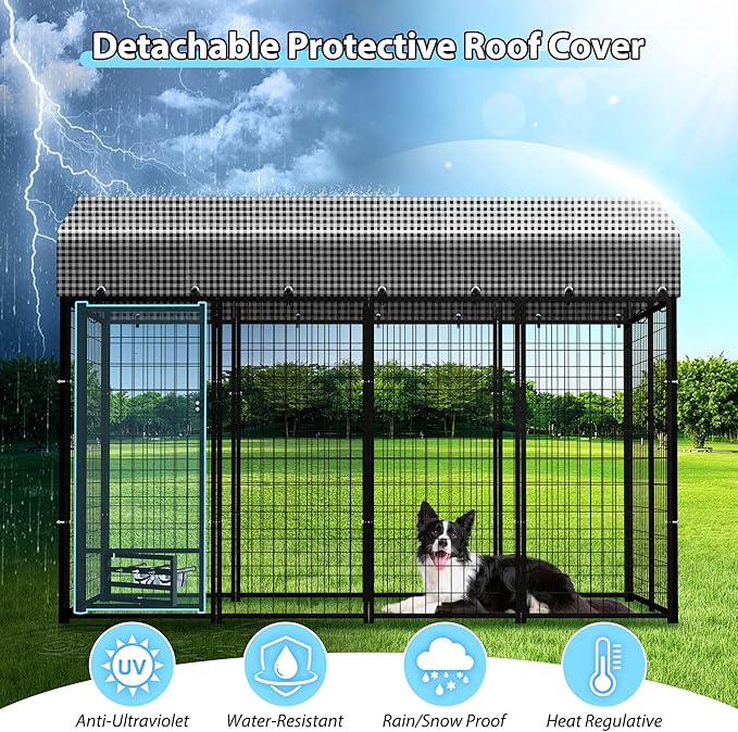 Large Dog Kennel Outside with Roof, Heavy-Duty Indoor Outdoor Dog Run Dog Enclosure with Removable Cover, Dog Pens Outside Playpen with Latch-Lock & Swivel Feeding Door, 4x8x6 Ft