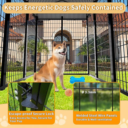 Large Dog Kennel Outside with Roof, Heavy-Duty Indoor Outdoor Dog Run Dog Enclosure with Removable Cover, Dog Pens Outside Playpen with Latch-Lock & Swivel Feeding Door, 4x8x6 Ft