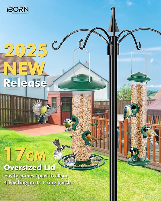 iBorn Bird Feeders for Outdoors, 2LB Metal Bird Feeders 17cm Large Roof &Tray, 4 Feeding Ports, Green Finish