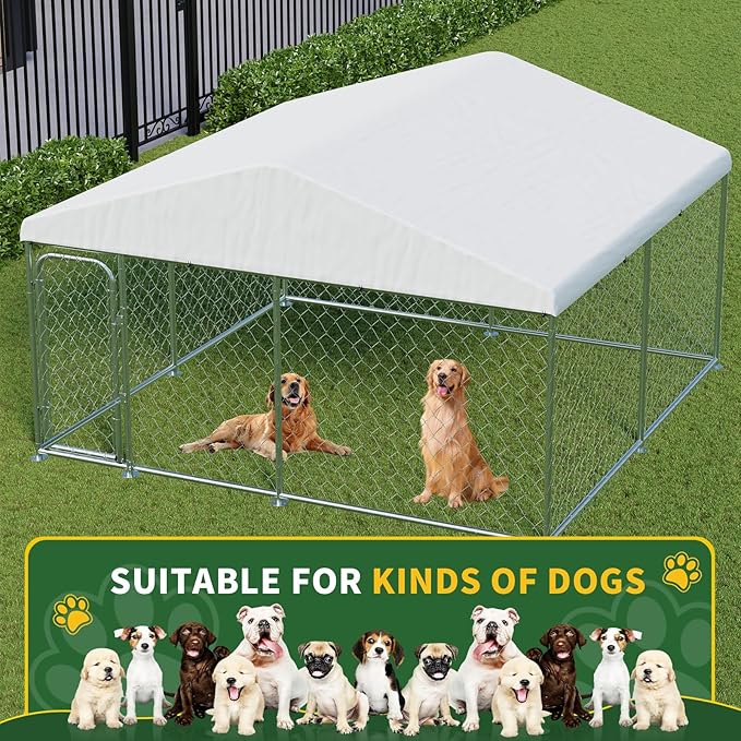 LotFun Large Outdoor Dog Kennel, 10 x 10 FT Heavy Duty Dog Enclosure with Chain Link Fence, UV-Resistant Canopy Cover, Double Lock Security (10 x 10 x 6 in)