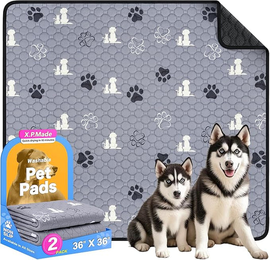 Washable Pee Pads for Dogs, 2 Pack Reusable Puppy Pads, Waterproof Pet Pee Pads for Dog Potty Training, Extra Large Dog Pee Pads for Crate, Playpen, and Whelping, Durable and Absorbent, Gray 36"x36"