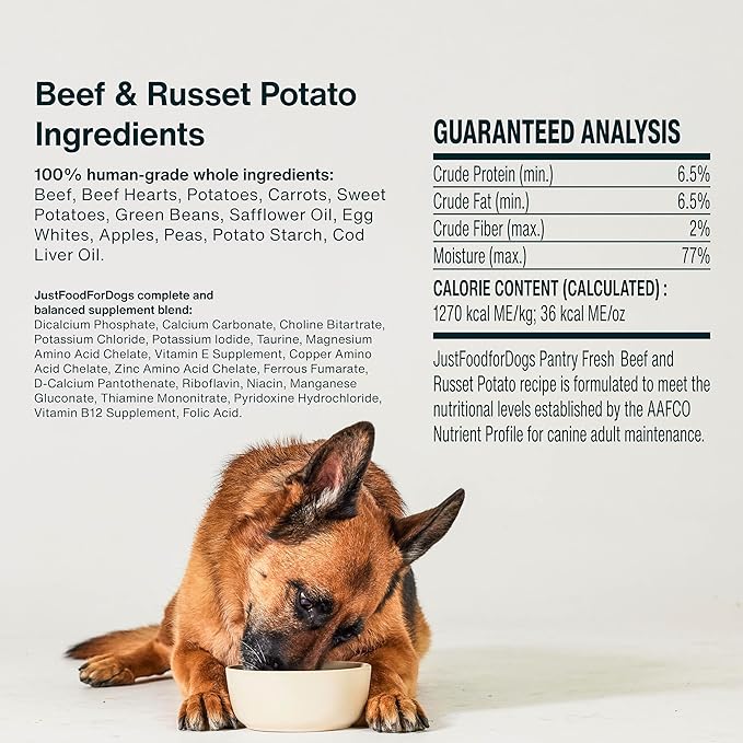 JustFoodForDogs Pantry Fresh Wet Dog Food, Complete Meal or Dog Food Topper, Beef & Potato Human Grade Dog Food Recipe - 12.5 oz (Pack of 12)