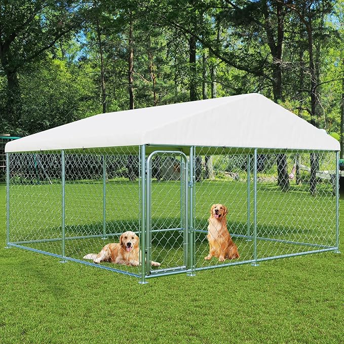 LotFun Large Outdoor Dog Kennel, 10 x 10 FT Heavy Duty Dog Enclosure with Chain Link Fence, UV-Resistant Canopy Cover, Double Lock Security (10 x 10 x 6 in)