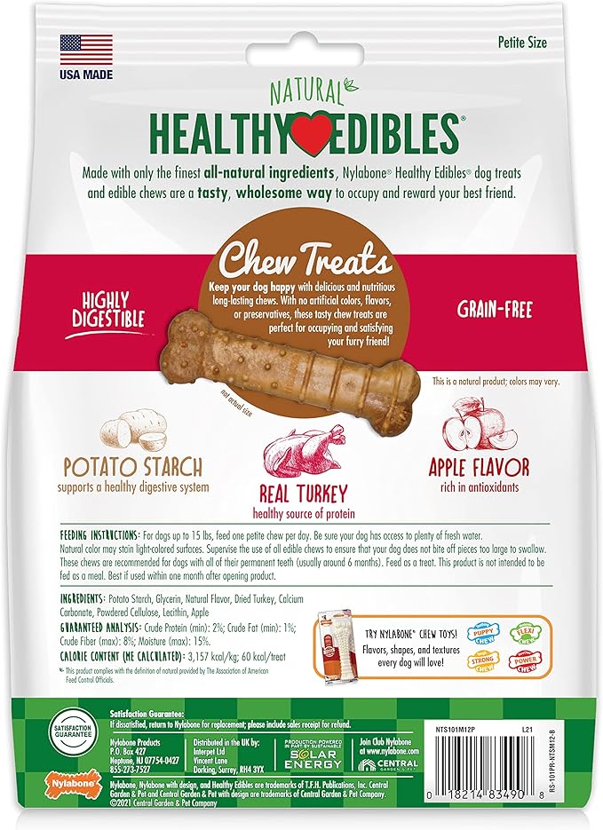 Nylabone Healthy Edibles Natural Dog Chews Long Lasting Chew Treats for Dogs, Turkey & Apple Flavor, X-Small/Petite (12 Count)