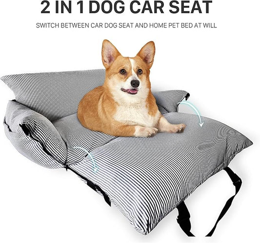 Dog Car Seat for Medium Dogs Under 60 lbs Pet，2 in 1 Booster Seats Dog Bed for Car and Home Safety Travel Carrier with 2 Pockets, Blau Stripes
