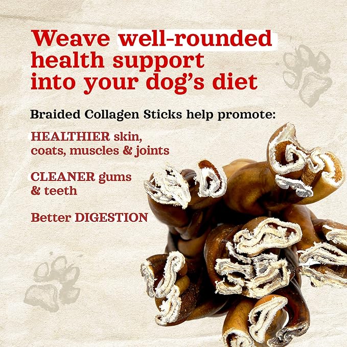 Natural Farm Braided Collagen Chews for Dogs (12 Inch, 6 Pack), Collagen Sticks, Natural Dog Chews, Long Lasting, for Small, Medium and Large Dogs, Odor-Free, Rawhide Alternative
