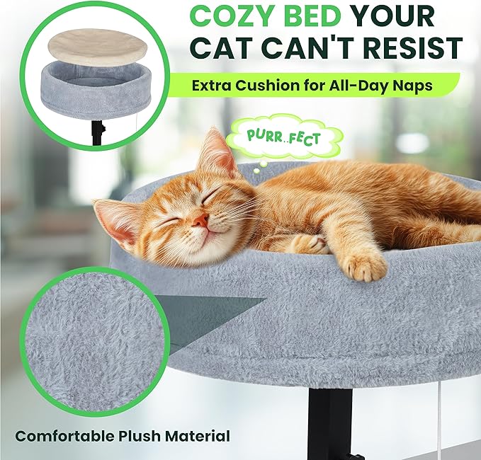 Zayana Cat Desk Bed Attachment - 360° Rotating & Adjustable Height Cat Bed Desk Mount with Soft Faux Fur Washable Cover, Space Saver Hammock for Home Office & Gaming Table, Supports Up to 45 lb, Grey