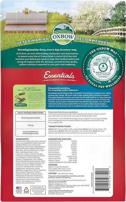 Oxbow Essentials Senior Guinea Pig Food, Made with Oxbow Alfalfa for Guinea Pig, Pet Food Pellets with Vitamin C, Small Animal Pet Products, Made in USA, High Fiber, 4 lb. Bag