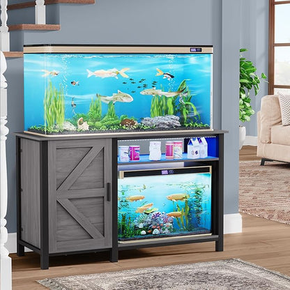 DWVO Aquarium Stand for 55-75 Gallon Fish Tank with Additional 20 Gallon Space and LED Lights, Fish Tank Stand with Adjustable Dividers and Power Outlets, Suitable for Turtle Tank Terrarium, Grey