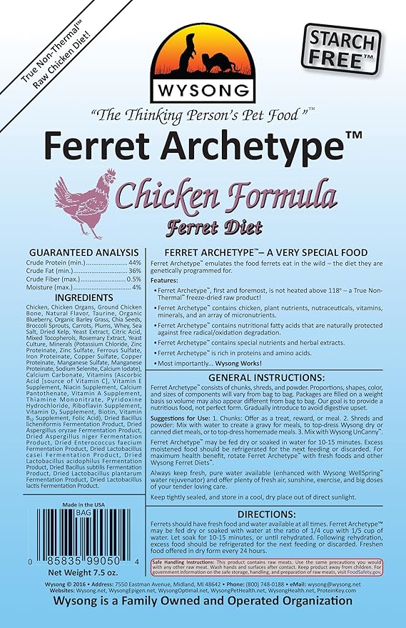 Wysong Ferret Archetype Chicken Formula - Raw Ferret Food - 7.5 Ounce Bag
