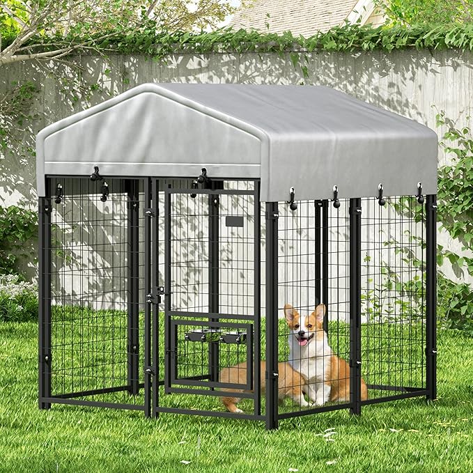 Outdoor Dog Kennel with Roof, Dog Kennel Outside with 2 Dog Bowls, Large Dog House Pen Dogs Run Enclosure with Secure Lock and Wateproof Sunproof Cover (4'L x 4'W x 4.6'H) Black
