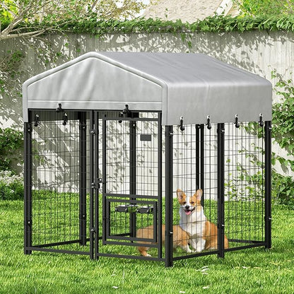 Outdoor Dog Kennel with Roof, Dog Kennel Outside with 2 Dog Bowls, Large Dog House Pen Dogs Run Enclosure with Secure Lock and Wateproof Sunproof Cover (4'L x 4'W x 4.6'H) Black