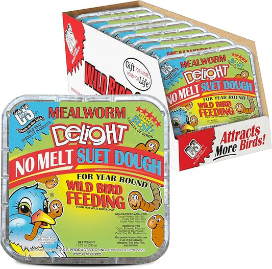 C&S Mealworm Delight No Melt Suet Dough, Suet Cakes for Wild Birds, 11.75 Ounces, Pack of 8