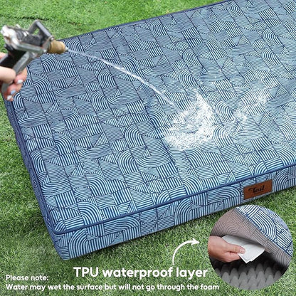 Outdoor Large Dog Bed, Waterproof Dog Bed for Large Size Dogs, Egg Crate Foam Pet Bed with Removable Washable Oxford Cooling Cover, White Blue