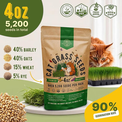 Cat Grass Seeds Mix - 5,200 Non-GMO Heirloom Seeds for Cats & Pets, 4 oz Pack for Growing Fresh Barley, Oat, Rye & Wheat Grass Seeds for Planting, Indoor Plants for Pets, Hairball Remedy for Cats