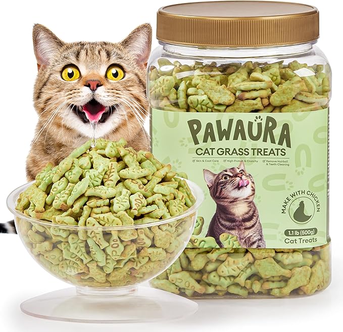 17.63oz Cat Grass Treats for Hairball Control – Natural Chicken & Cat Grass & Catnip Biscuits, Low-Calorie Healthy Snacks for Indoor Cats, Digestive & Dental Care