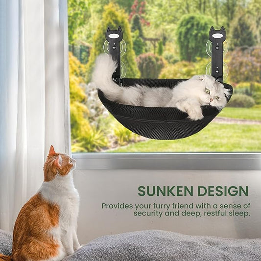 Cat Window Perch, Foldable Cat Hammock with Sunken Design, Breathable Cordless Window Bed with Stud Metal Frame for Large Cats and Kitten (Black Deep Perch, Medium)