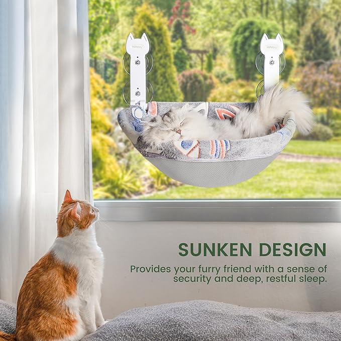 Cat Window Perch, Glow in The Dark Foldable Cat Hammock with Sunken Design & Removable Soft Cover, Breathable Cordless Window Bed for Resting Indoor Kitten (Grey Deep Perch, Medium)