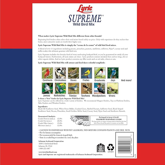 Lyric Supreme Wild Bird Seed, Wild Bird Food Mix with Nuts and Sunflower Seeds, 20 lb. Bag