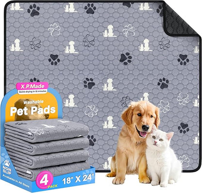 Washable Pee Pads for Dogs, 4 Pack Reusable Puppy Pads, Waterproof Pet Pee Pads for Dog Potty Training, Extra Large Dog Pee Pads for Crate, Playpen, and Whelping, Durable and Absorbent, Grey 18"x24"